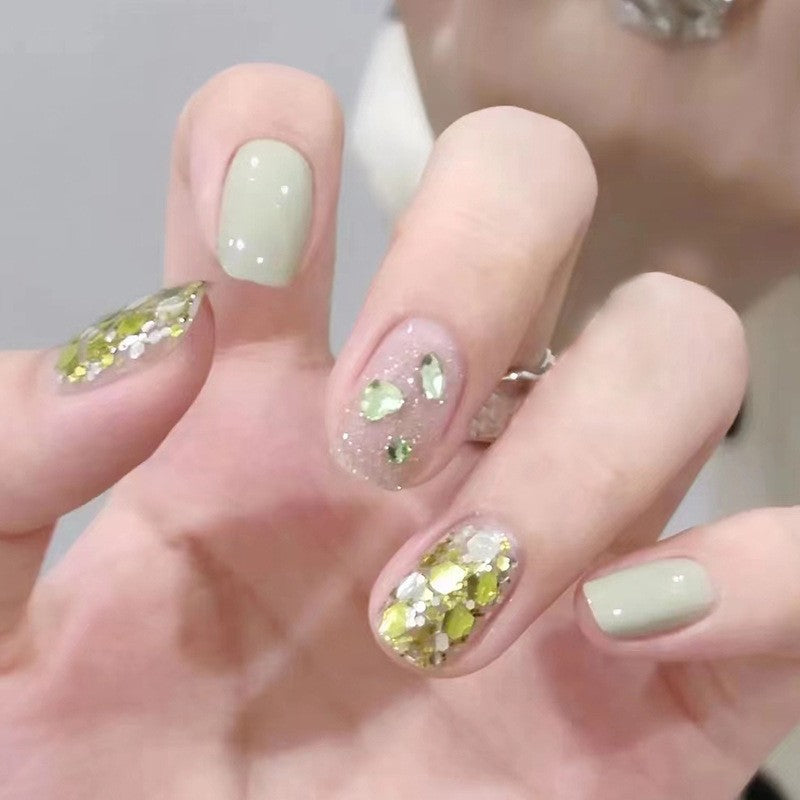 Golden Olive Medium Squoval Sage Press-On Nail Set with Chunky Gold Foil Flakes and Glitter Accents