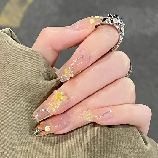 Spring Blossom Long Coffin Clear Press-On Nail Set with Yellow Floral Appliques and Glitter Accents
