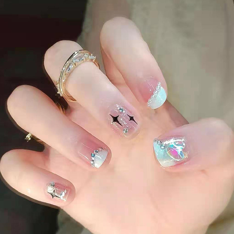 Enchanted Mermaid Short Square Blue and Silver Press-On Nail Set with Star and Jewel Accents