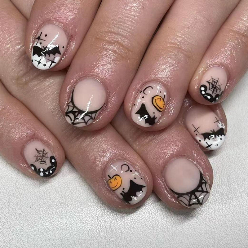 A Super Cute Trick Or Treat Short Round Black Halloween Press On Nails