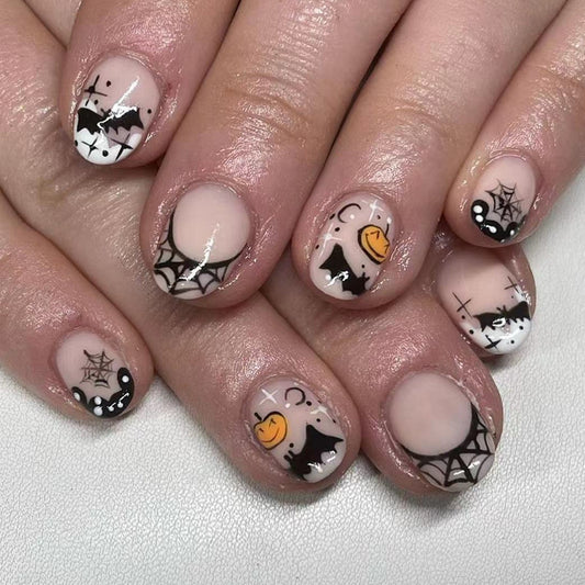 A Super Cute Trick Or Treat Short Round Black Halloween Press On Nails