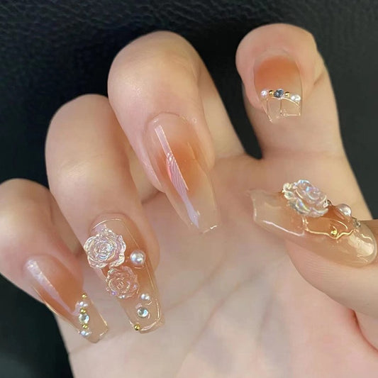 Bridal Bliss Medium Coffin Beige Press-On Nails with 3D Rose Art and Pearl Accents