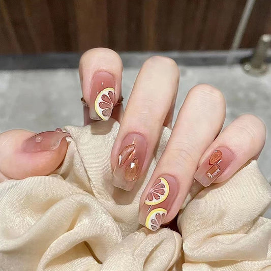 Bohemian Medium Coffin Press On Nail Set Beige and Transparent with Brown Swirls and Key Accent