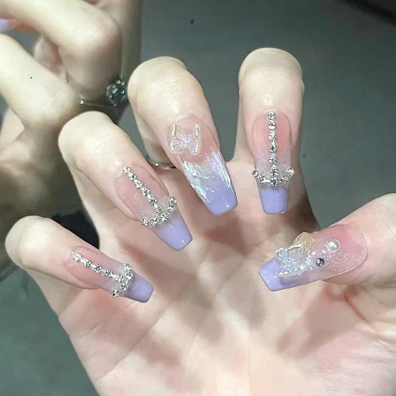 Enchanted Evening Extra Long Coffin Lavender Ombre Press On Nails with Silver Glitter and Crystal Embellishments