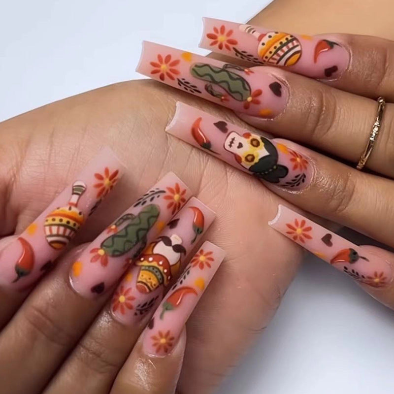 Dia De Los Muertos Celebration Long Coffin Multicolor Cute Press On Nails