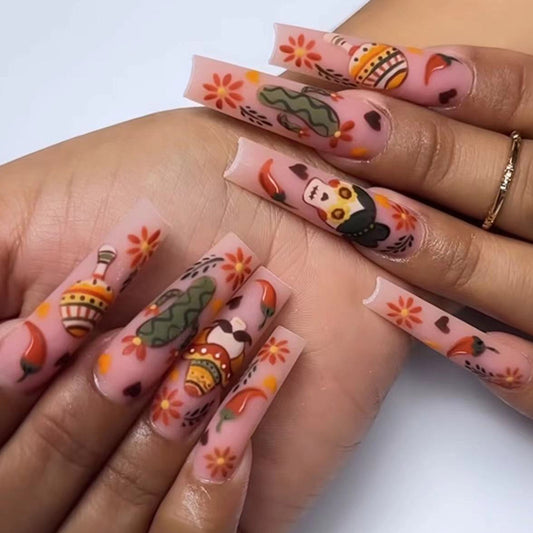 Dia De Los Muertos Celebration Long Coffin Multicolor Cute Press On Nails