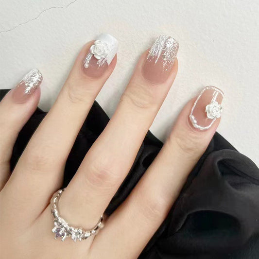 Bridal Bliss Short Square Beige Press On Nails with Silver Glitter Gradient and 3D Rose Applique
