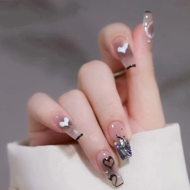 Love Struck Long Coffin Clear Press On Nails with Black Trim, White Hearts, and Rhinestone Accents