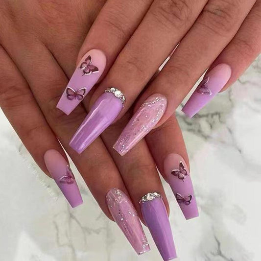 Lavender Dreams Long Coffin Lilac Press On Nails with Butterfly Decals and Glitter Accents