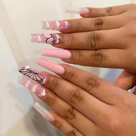 Flirty Flamingo Extra Long Coffin Baby Pink Press On Nails with Black Butterfly Art and Glitter Accents