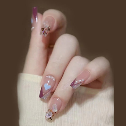 Sweet Romance Medium Coffin Mauve Press On Nails with Heart Design and Rhinestone Embellishments