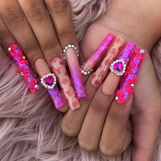 Luxury Love Extra Long Coffin Hot Pink Press On Nails with Branded Pattern, Sequins, and Gemstone Accents