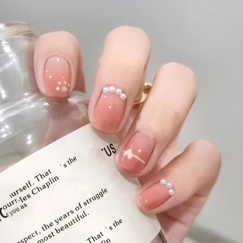 Minimalist Chic Short Squoval Blush Press On Nails with Polka Dot and Pearl Accents