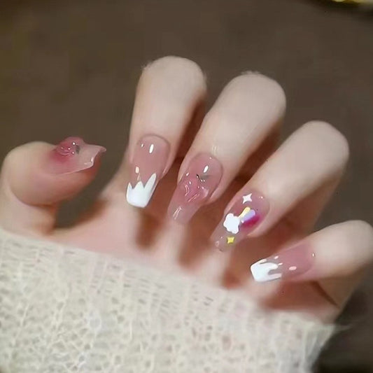 Fairytale Whisper Medium Coffin Clear Press On Nails with White Accents and Gold Glitter Flakes