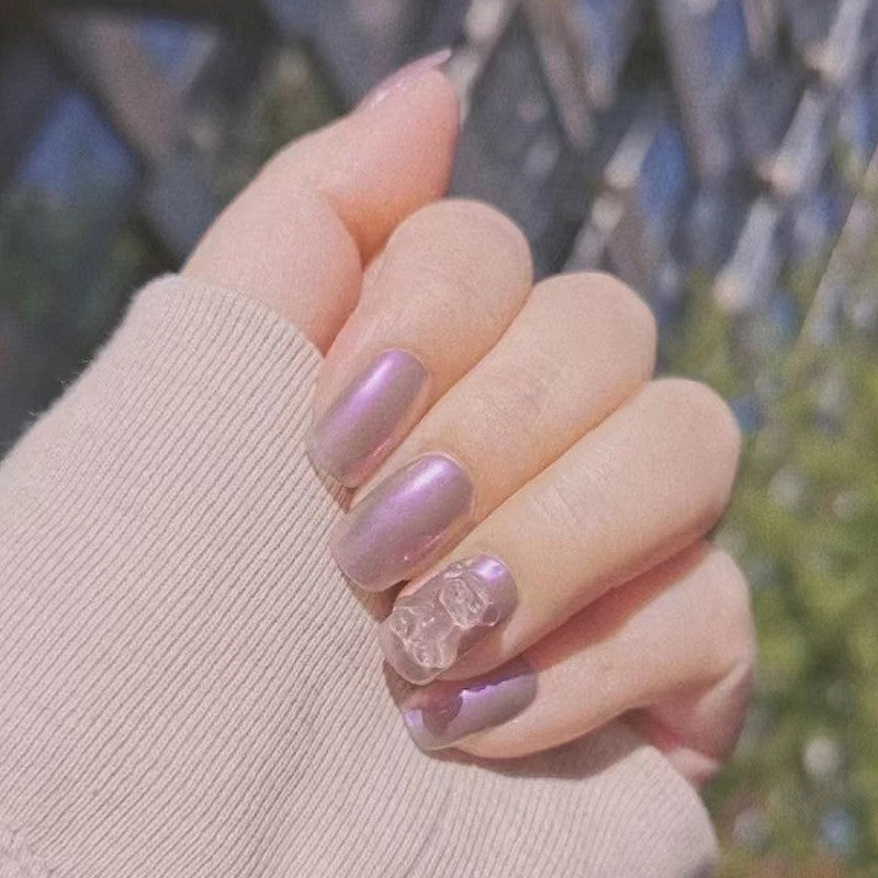 Mystic Aura Short Square Purple Iridescent Press On Nails with Crystal Cluster Accents