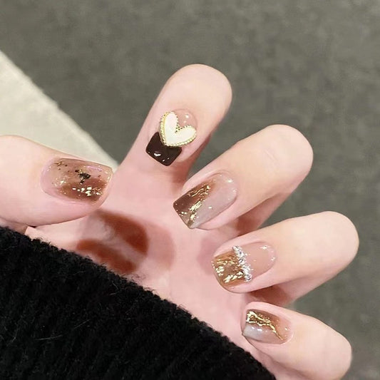 Golden Heartbeat Medium Square Transparent Press On Nails with Gold Flakes and Heart Design