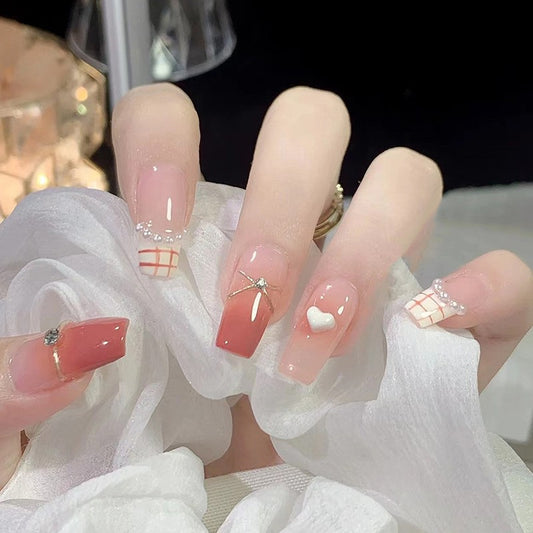 Sweetheart Plaid Medium Coffin Coral Press On Nails with White Checkered Pattern and Pearl Embellishments