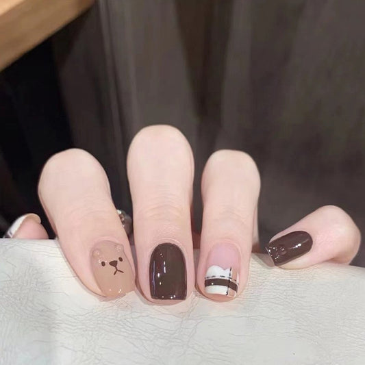 Urban Chic Short Square Mocha Press On Nails with Balloon Dog Design and Striped Accent