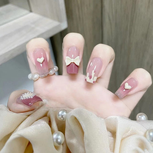 Unbelievably Cute Long Coffin Pink Pearls Press On Nails