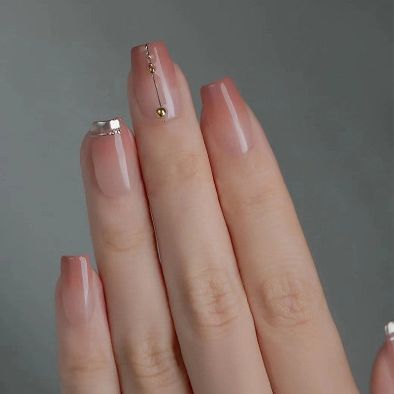 Minimalist Elegance Medium Coffin Beige Press On Nails with Gold Bead Embellishments and Metallic Accents