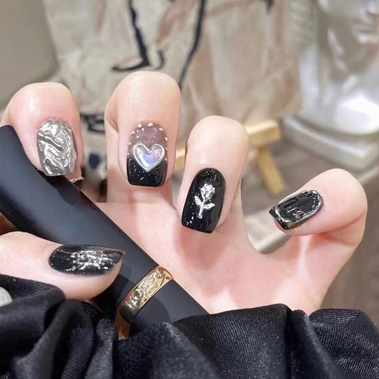 Mystic Night Medium Square Black Press On Nail Set with Silver Foil and Heart Gemstone Accents