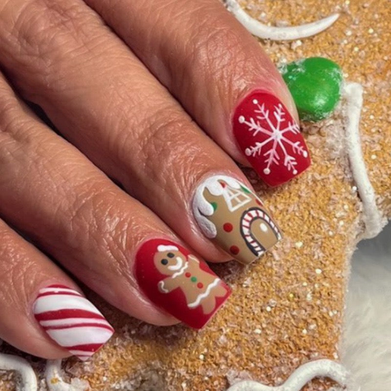 Gingerbread Bestie House Short Square Multicolor Holiday Press On Nails
