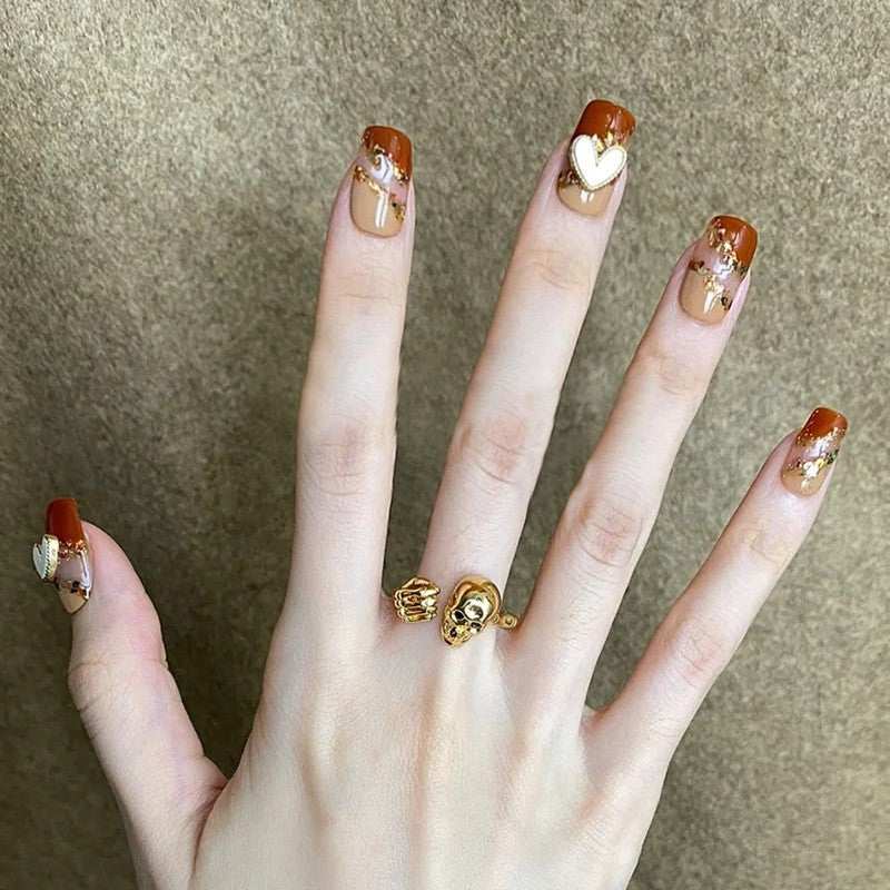 Autumn Elegance Long Square Burnt Orange Press On Nail Set with Gold Flakes and Heart Charms