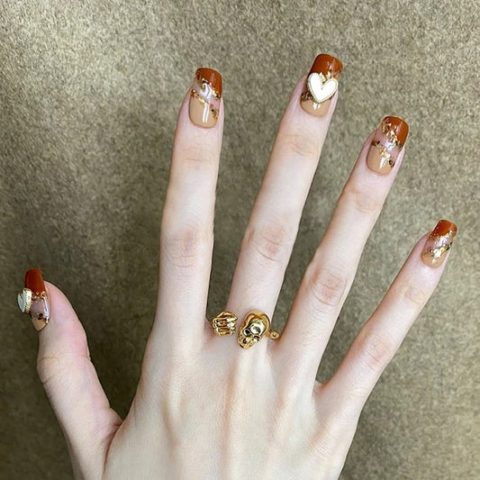 Autumn Elegance Long Square Burnt Orange Press On Nail Set with Gold Flakes and Heart Charms