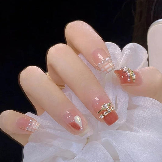 Champagne Soiree Medium Square Beige Press On Nail Set with Plaid Detail and Gold Stripe Accents