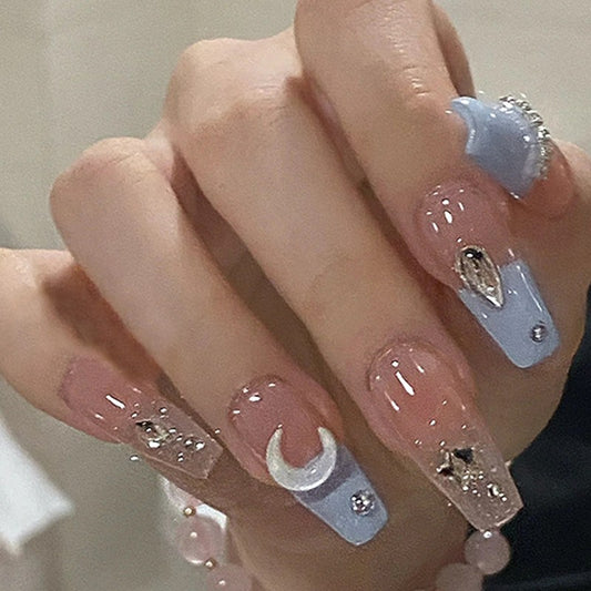 Celestial Charm Long Coffin Lavender and Beige Press On Nail Set with Crescent Moons and Glitter Accents
