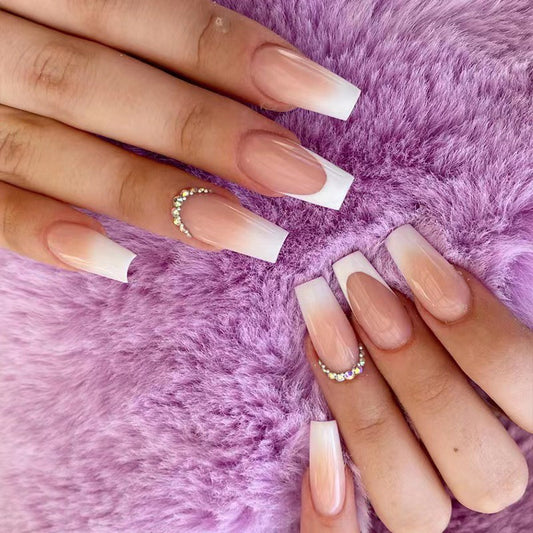 Lavish French Long Coffin Beige and White Press On Nail Set with Pearl Accents