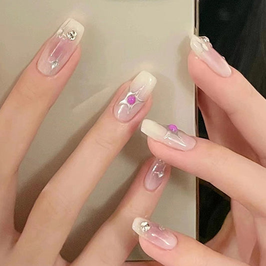 Soft Whisper Medium Square Sheer Pink Press On Nail Set with Silver Charms and Purple Gem Accents