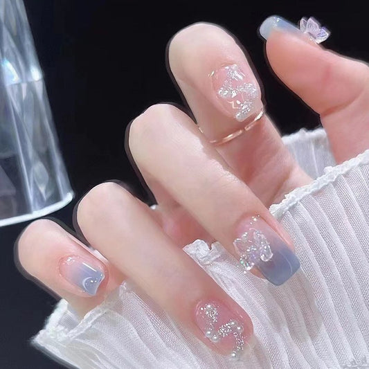 Frosty Flutter Medium Square Ombre Press On Nail Set with Glitter Accents and Butterfly Charm