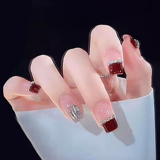 Velvet Glamour Medium Square Burgundy Press On Nail Set with Silver Glitter and Jeweled Accents