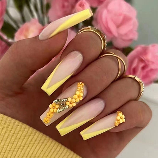 Sunny Delight Long Coffin Beige and Yellow Ombre Press On Nail Set with 3D Bead Accents and Butterfly Charm