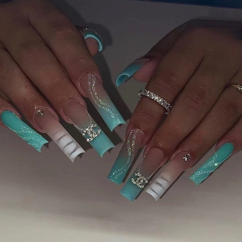 Ocean Fantasy Extra Long Coffin Press on Nails Blue Ombre Glitter Accents
