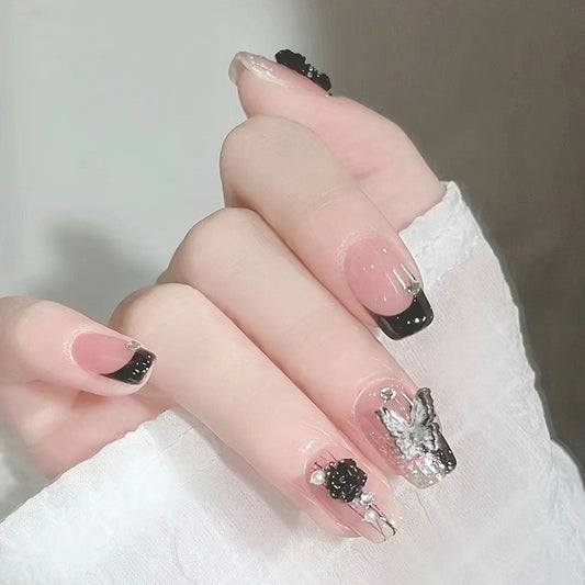 Elegant Soiree Medium Square Press on Nails Black French Tip with 3D Rose and Butterfly Accents