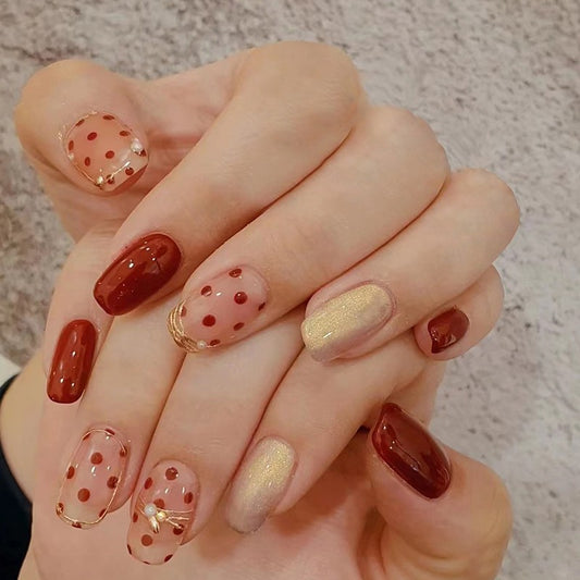 Autumn Spice Medium Square Press on Nails Maroon and Gold Glitter with Polka Dots and Bow Detail