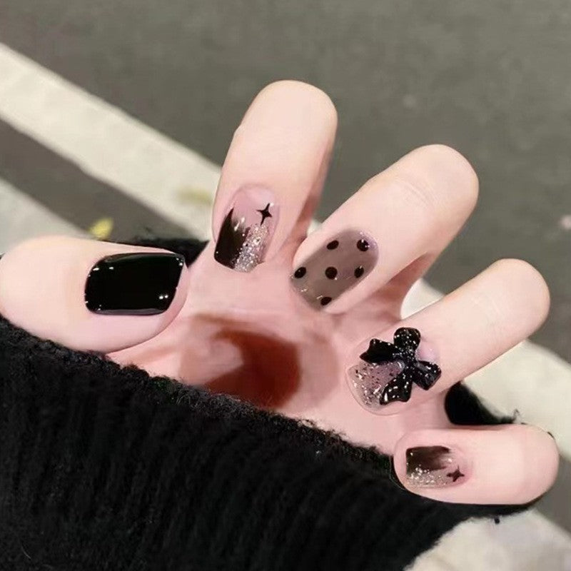 Starry Night Medium Coffin Press on Nails in Black and Transparent with Polka Dots and Bow Detail