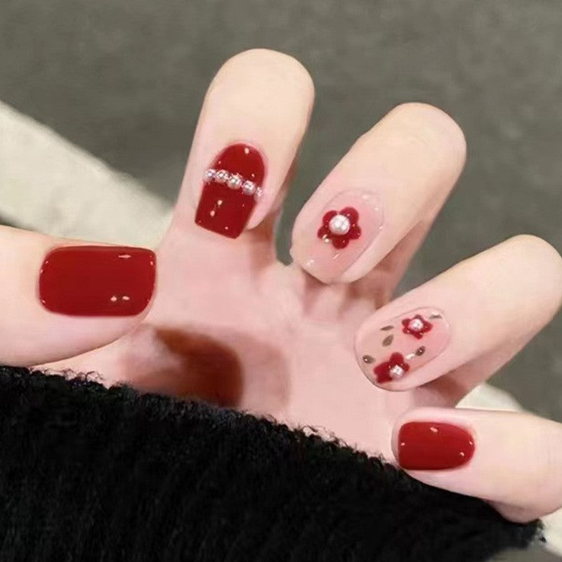 Romantic Rendezvous Medium Square Press on Nails Burgundy and Beige with Glitter Line and Floral Accents
