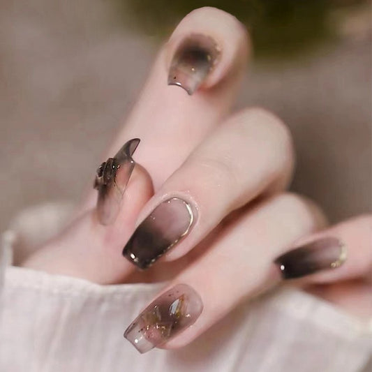 Mystical Shadows Medium Coffin Press on Nails Transparent Smoke with Gold Flakes and Encapsulated Designs