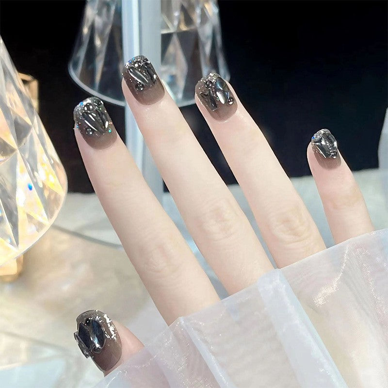 Crystal Gala Medium Squoval Press on Nails Taupe with Glitter Overlays and Gemstone Accents