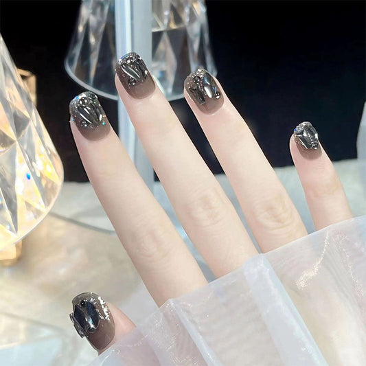 Crystal Gala Medium Squoval Press on Nails Taupe with Glitter Overlays and Gemstone Accents