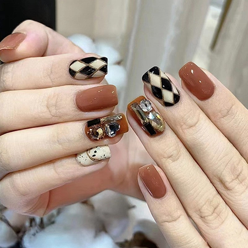 Modern Elegance Medium Square Brown and Black Checkered Press On Nail Set with Gold Accents and Gemstone Embellishments