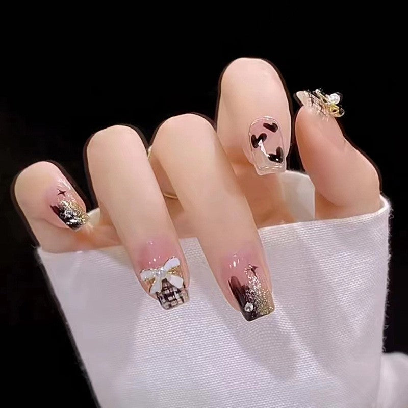 Starry Night Medium Coffin Beige Press On Nail Set with Clear Accents and Sparkling Rhinestone Detailing