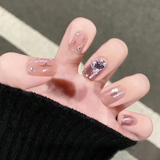 Heartfelt Charm Medium Square Mauve Press On Nail Set with Silver Foil Flakes and Sparkling Accents
