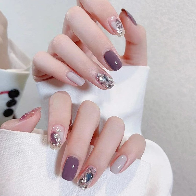Chic Contrast Medium Square Mauve and Beige Press On Nail Set with Silver Glitter Accents and Jewel Embellishments