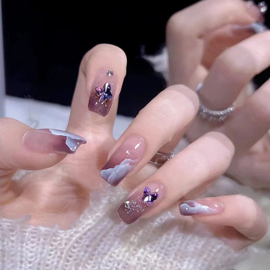 Mystical Twilight Medium Square Mauve Ombre Press On Nail Set with Crystal Butterflies and Glitter Highlights