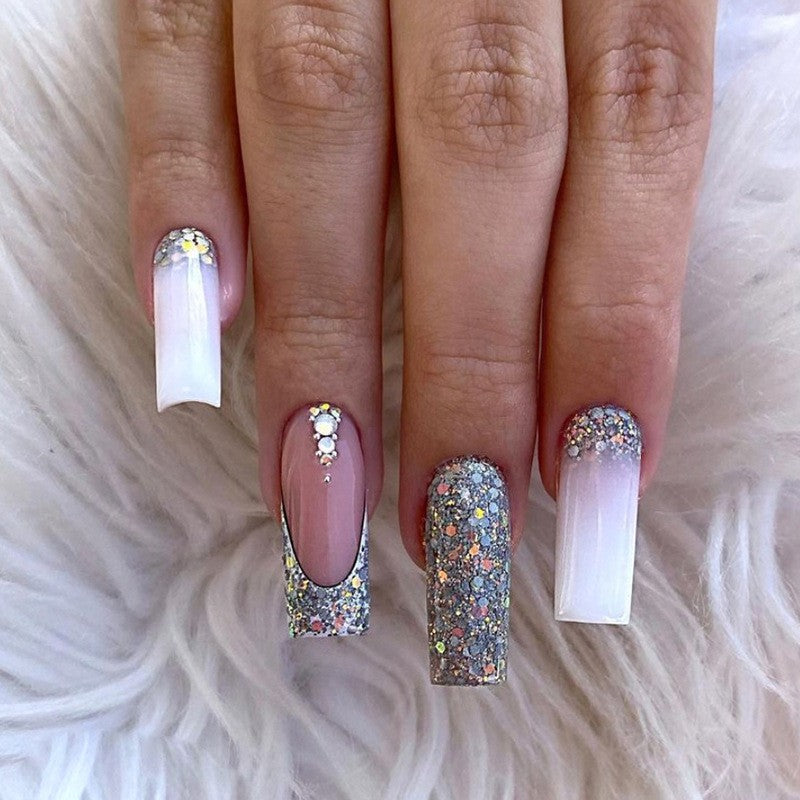Glitter Gala Long Square Pink and White Ombre Press On Nail Set with Multicolor Sparkle and Rhinestone Accents