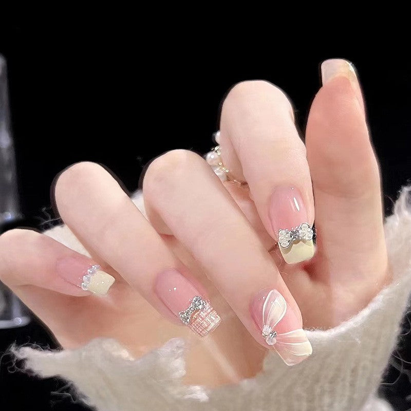 Elegant Affair Medium Square Pink Ombre Press On Nail Set with Bow Charms and Rhinestone Accents